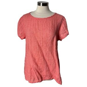 Flax Coral Striped Linen Short Sleeve Top Lagenlook Lightweight Womens Small